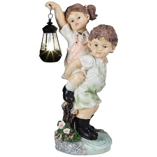 LED Solar Lighted Boy and Girl with Lantern Outdoor Garden Statue - 19.5" By Northlight in Multicolor-Colored | 19.5" x 9.5" x 7.5" | Michaels®